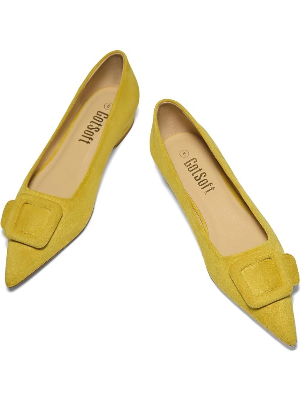 Women's Yellow Square Buckle Flats Pointed Toe Slip on Flat Comfortable Shoes